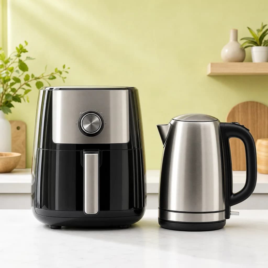 Air fryer and kettle on a kitchen counter